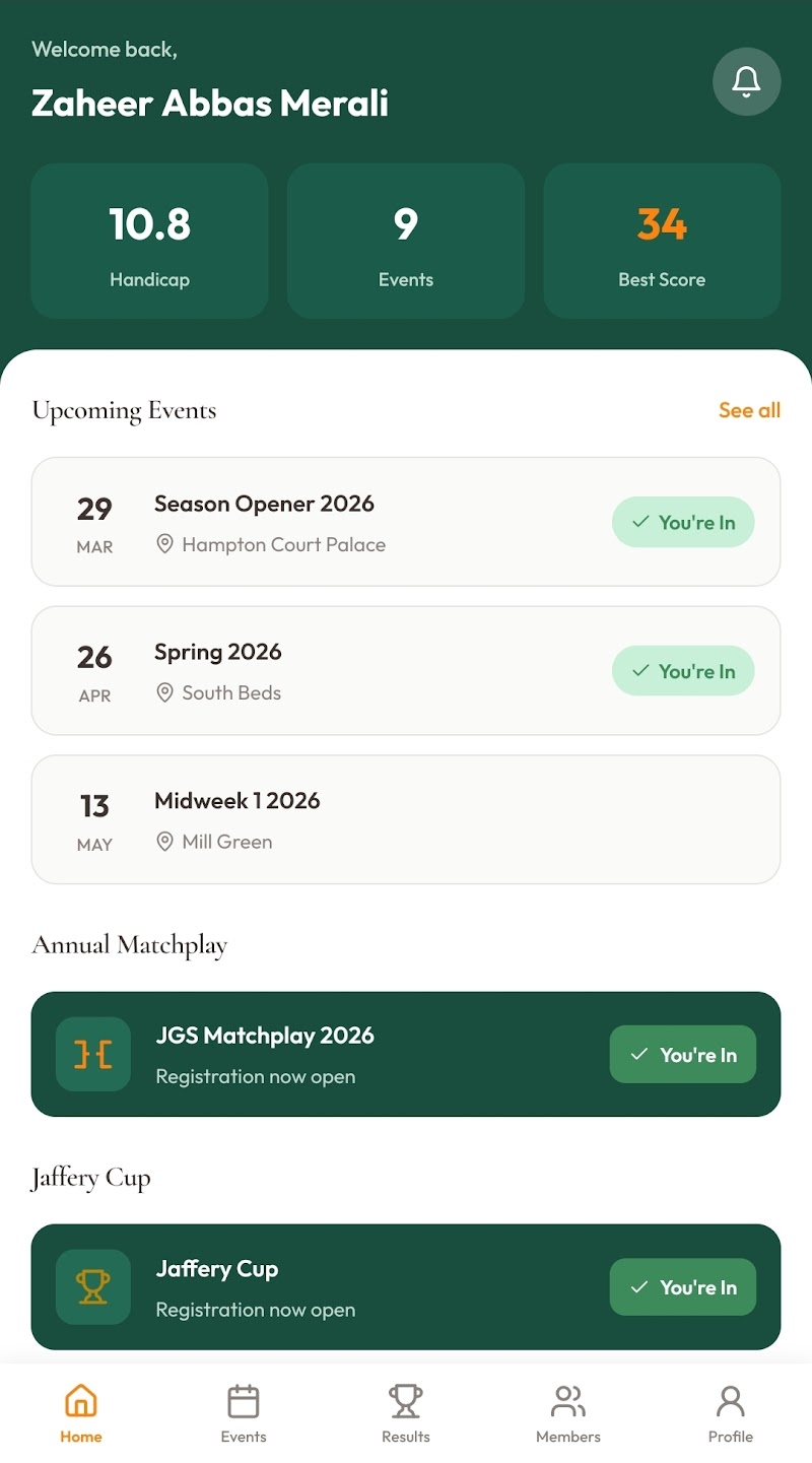 Jaffery Golf Society app — tournament registration, results, and live scoring